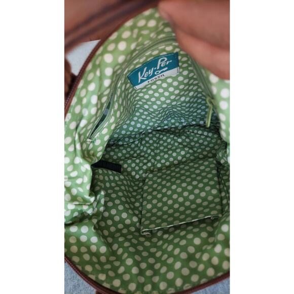 Fossil Crossbody Quilted Textile Cow Hide Leather 2 Keys and Lock Charm Handbag - Picture 6 of 9